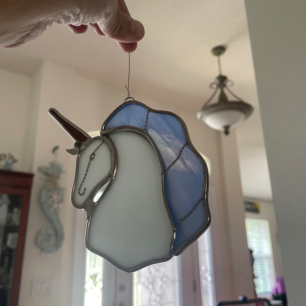 Stained Glass Unicorn Suncatcher Blue White Hanging Window Art Decor Handcrafted